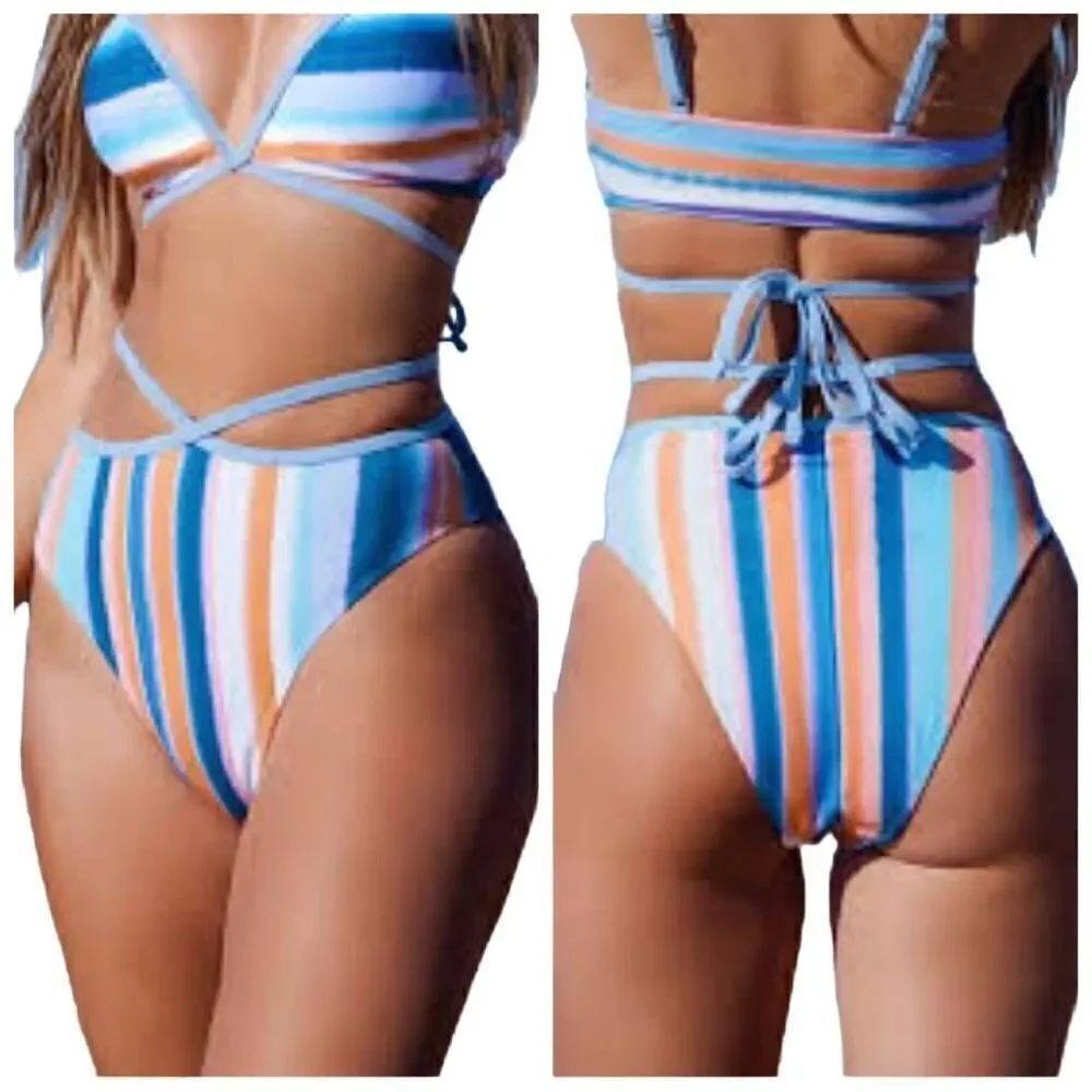 CUPSHE Waterfront Stripe Strappy High Waist Cheeky Bikini Bottom Size L